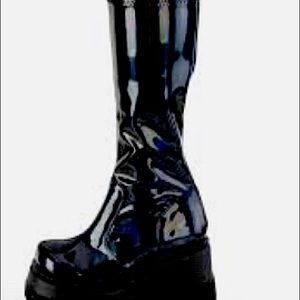 Demonia Shaker-65 Black Hologram Zip Up Knee High Platform Boot